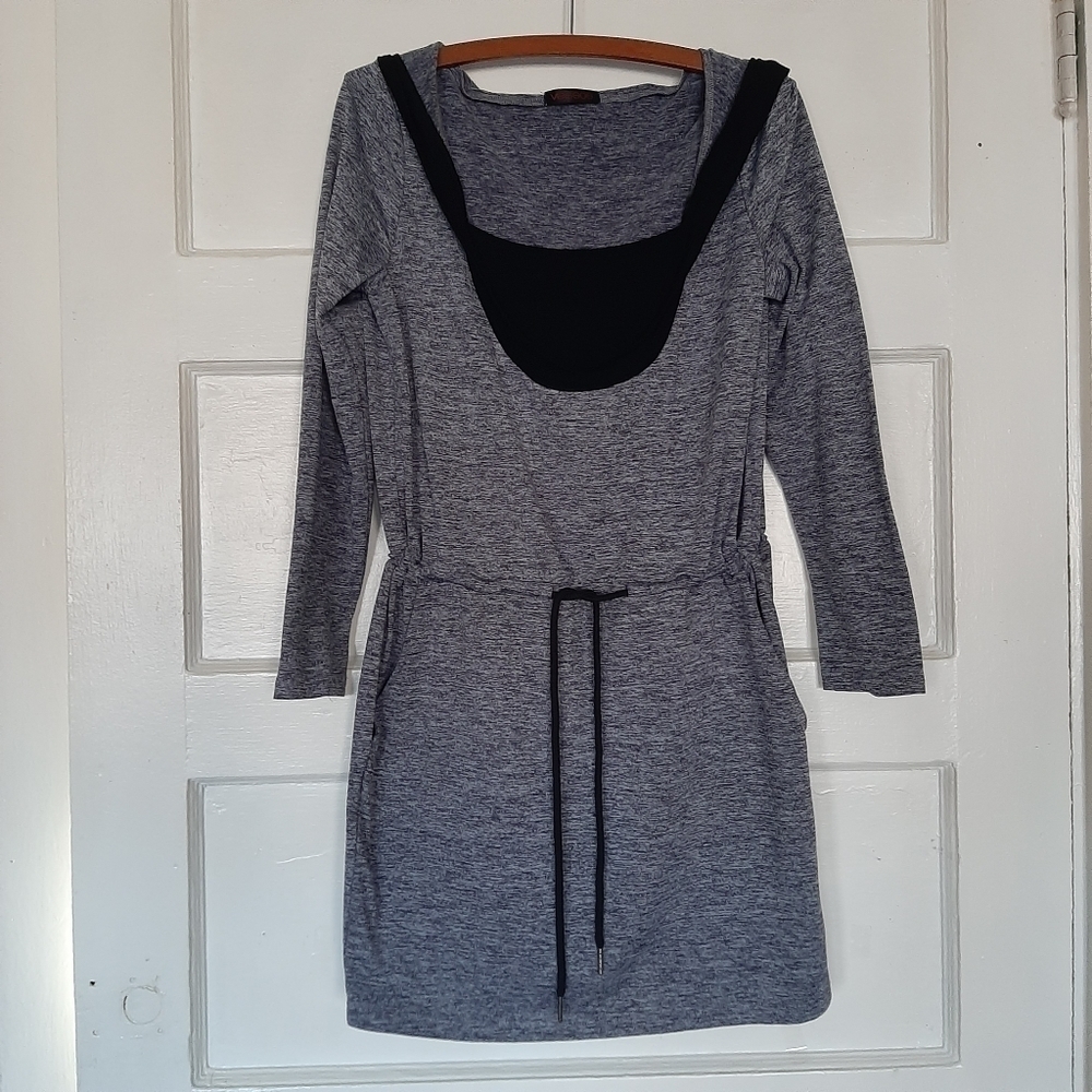 Vessos Drawstring Waist Long Sleeve Athleisure Style Hooded Dress with Pockets